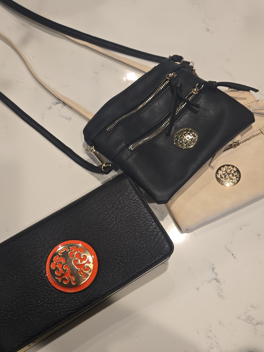 Black And Cream Crossbody Bags with Gold Emblem, Plus Clutch/crossbody Purse